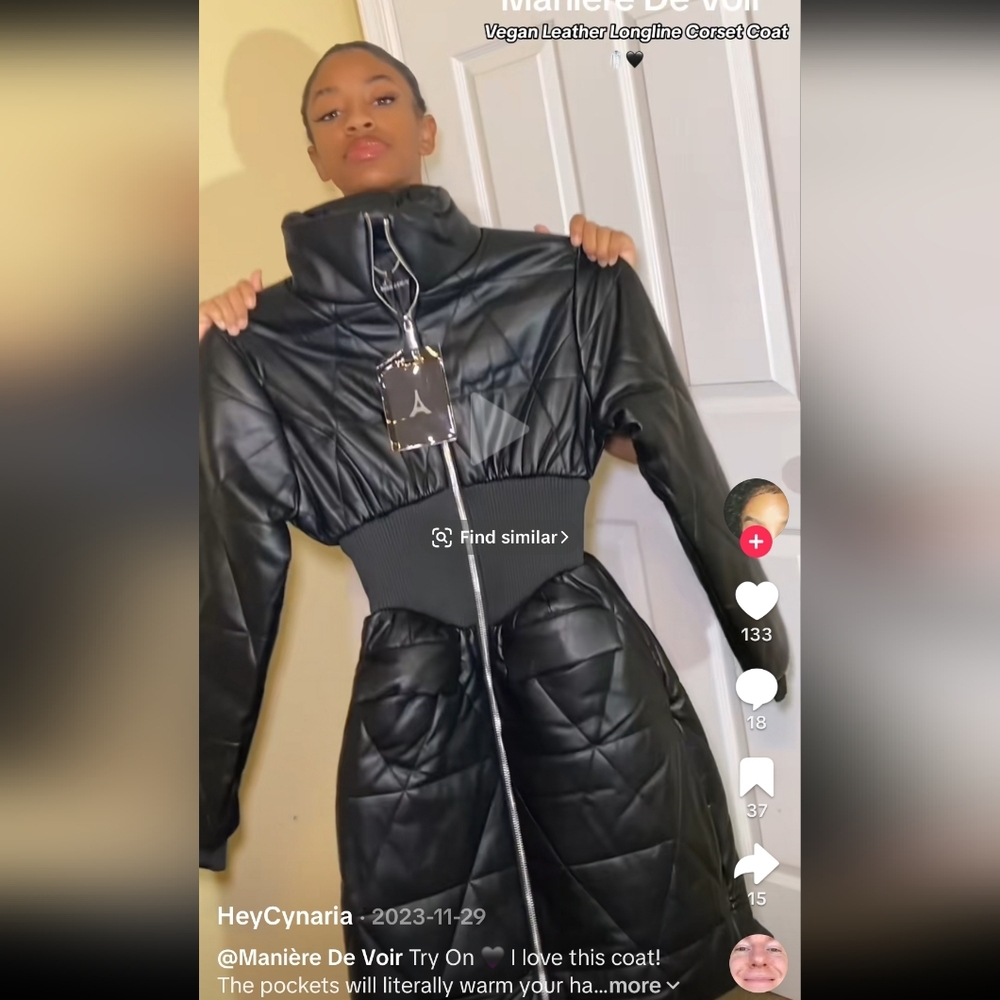 NWT Maniere De Voir Black Vegan Leather Corset  Quilted Puffer Jacket Size Small